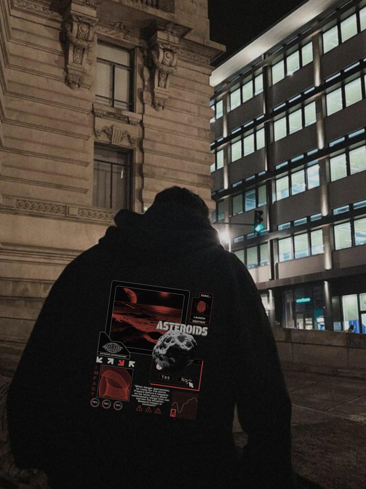 Asteroids Baskılı Siyah Kapşonlu Sweatshirt 
