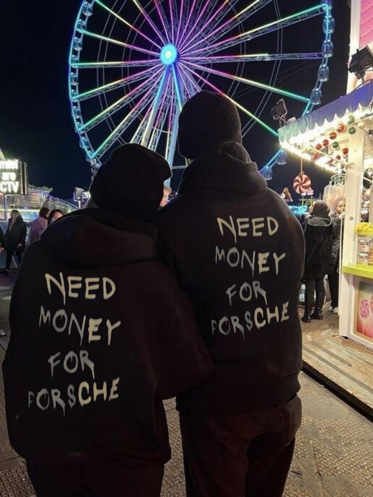 Need Money For Porsche Baskılı Siyah Kapşonlu Sweatshirt 