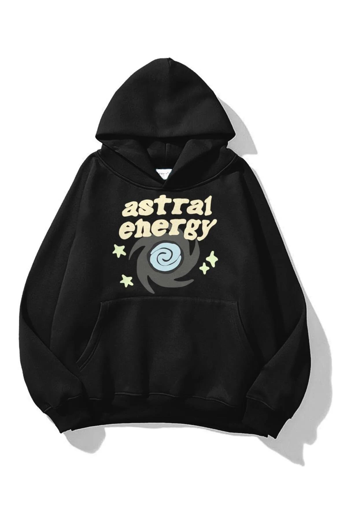 Astral Energy Baskılı Siyah Kapşonlu Sweatshirt 