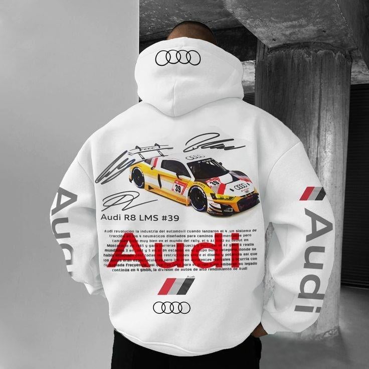Audi Baskılı Beyaz Kapşonlu Sweatshirt 