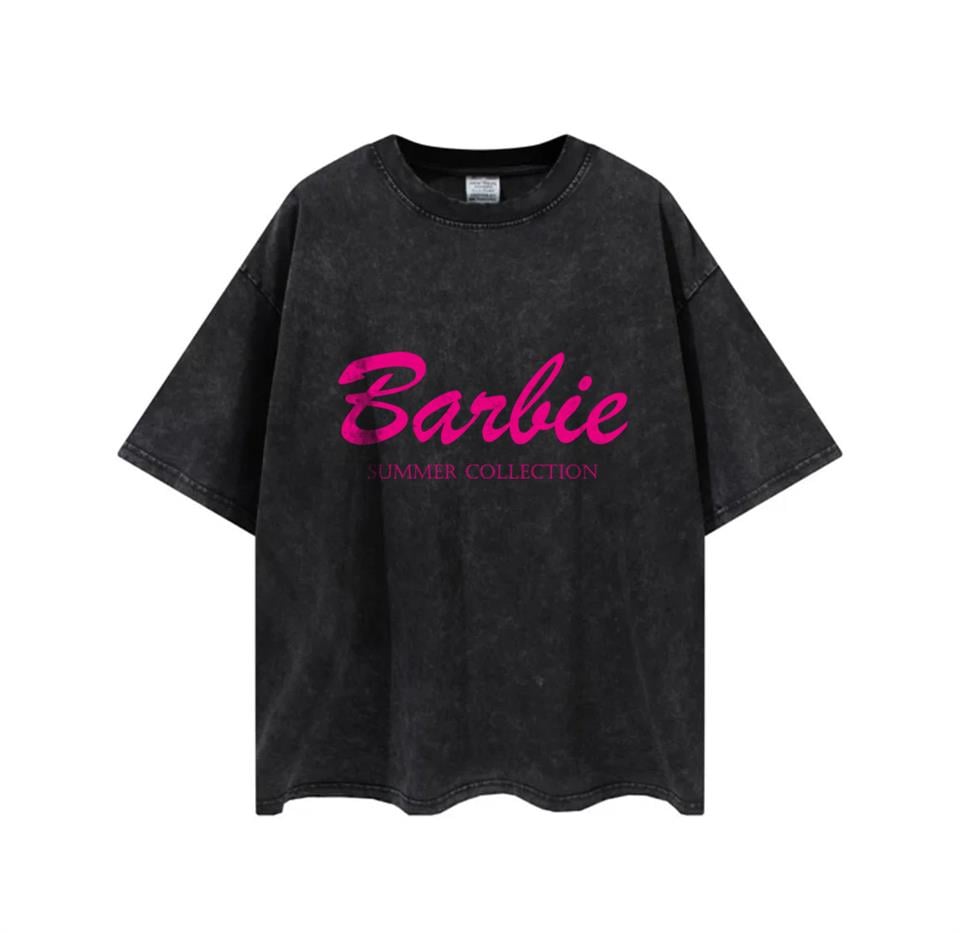 Yıkamalı Barbie Baskılı Unisex Oversize Eskitme T-shirt
