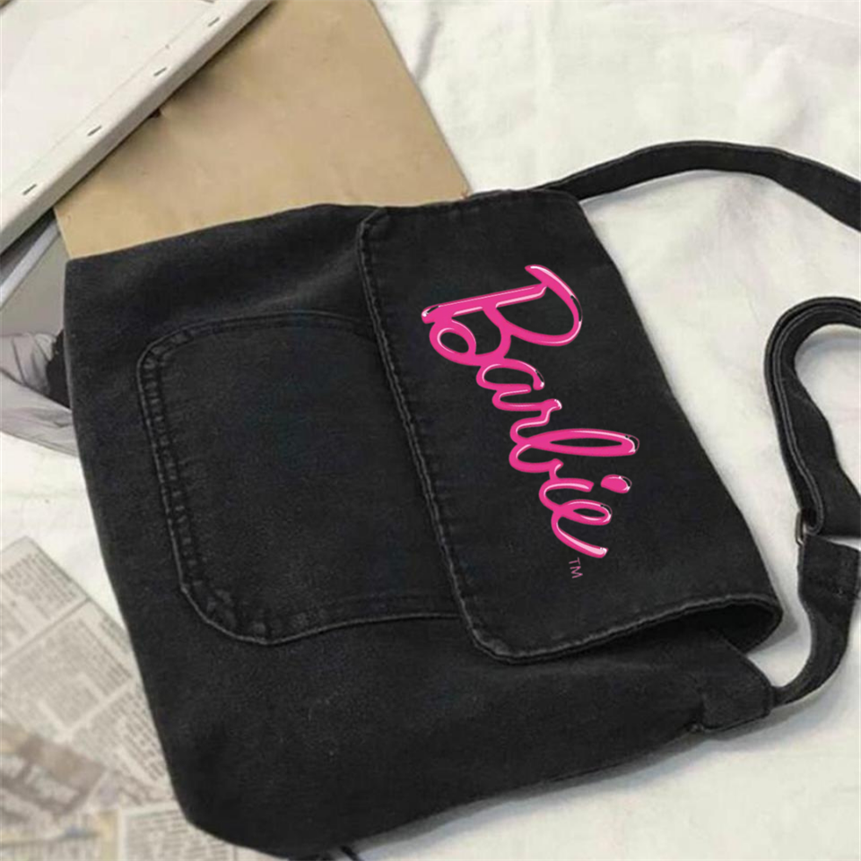 Barbie Pembe Baskılı Unisex Denim Postacı Çantası