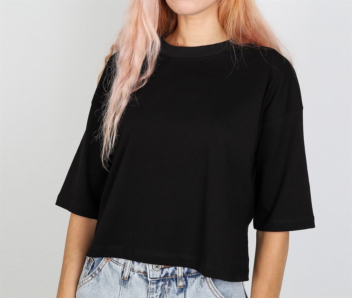 Basic Siyah Oversize Kemer Boy T-shirt