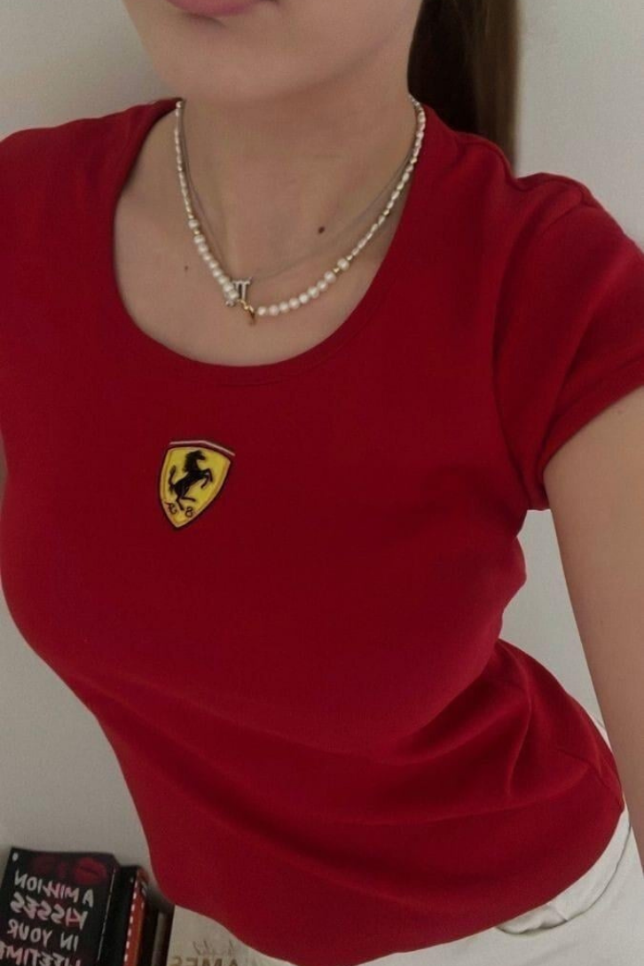 Baskılı Kırmızı Crop Bluz