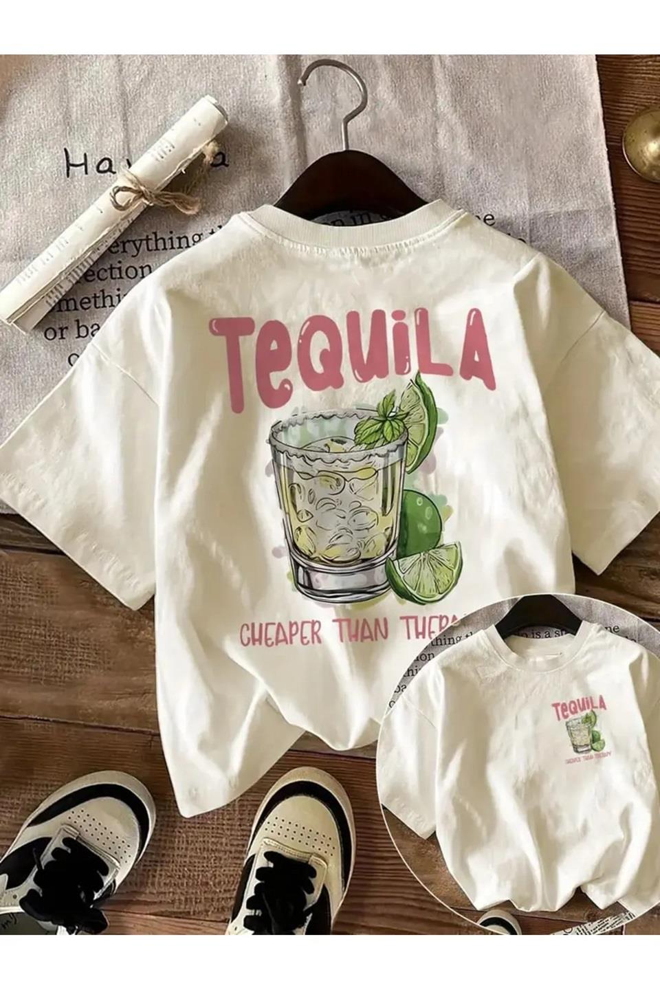 Beyaz Tequila Baskılı Oversize T-Shirt