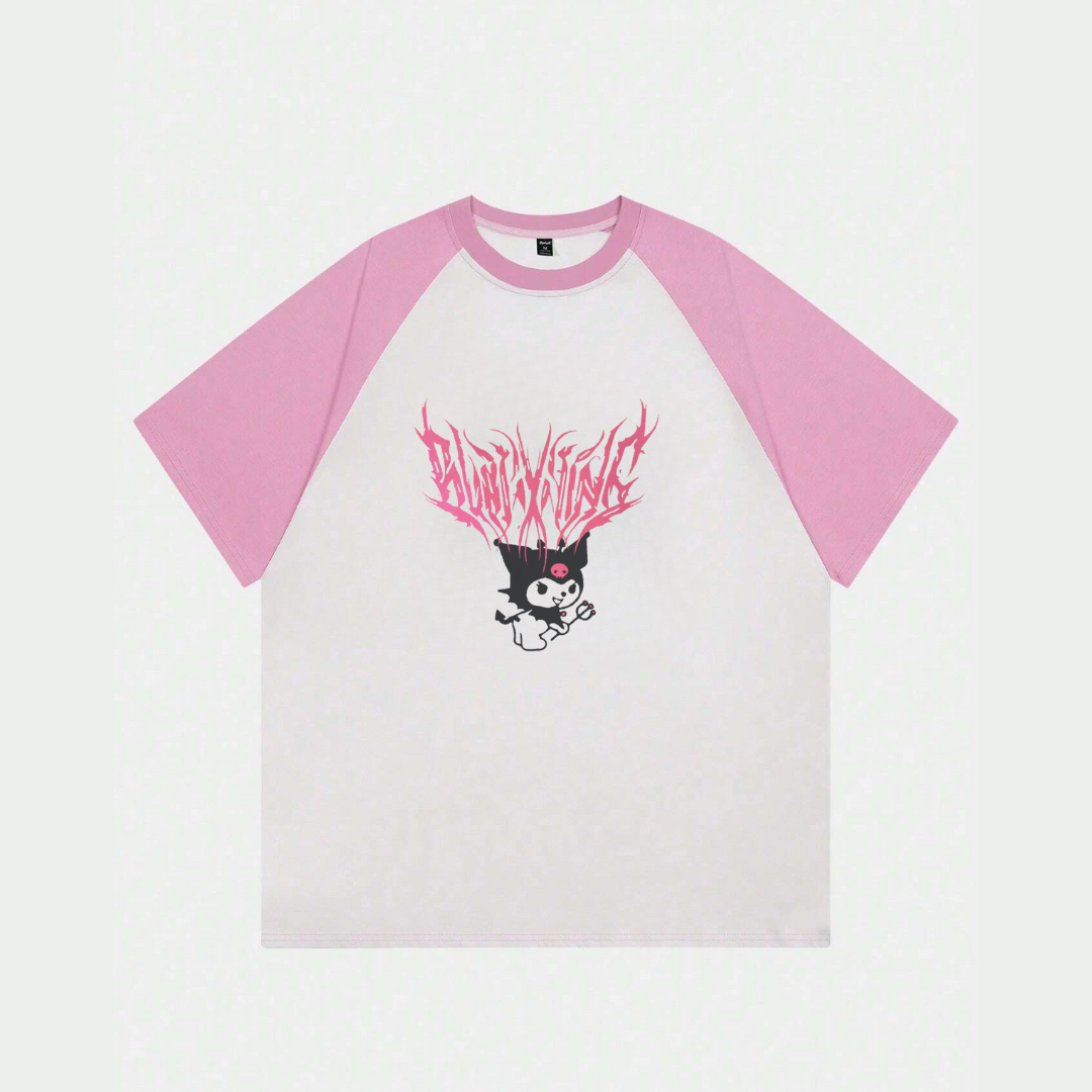 Beyaz Unisex Pembe Reglan Kuromi T-Shirt