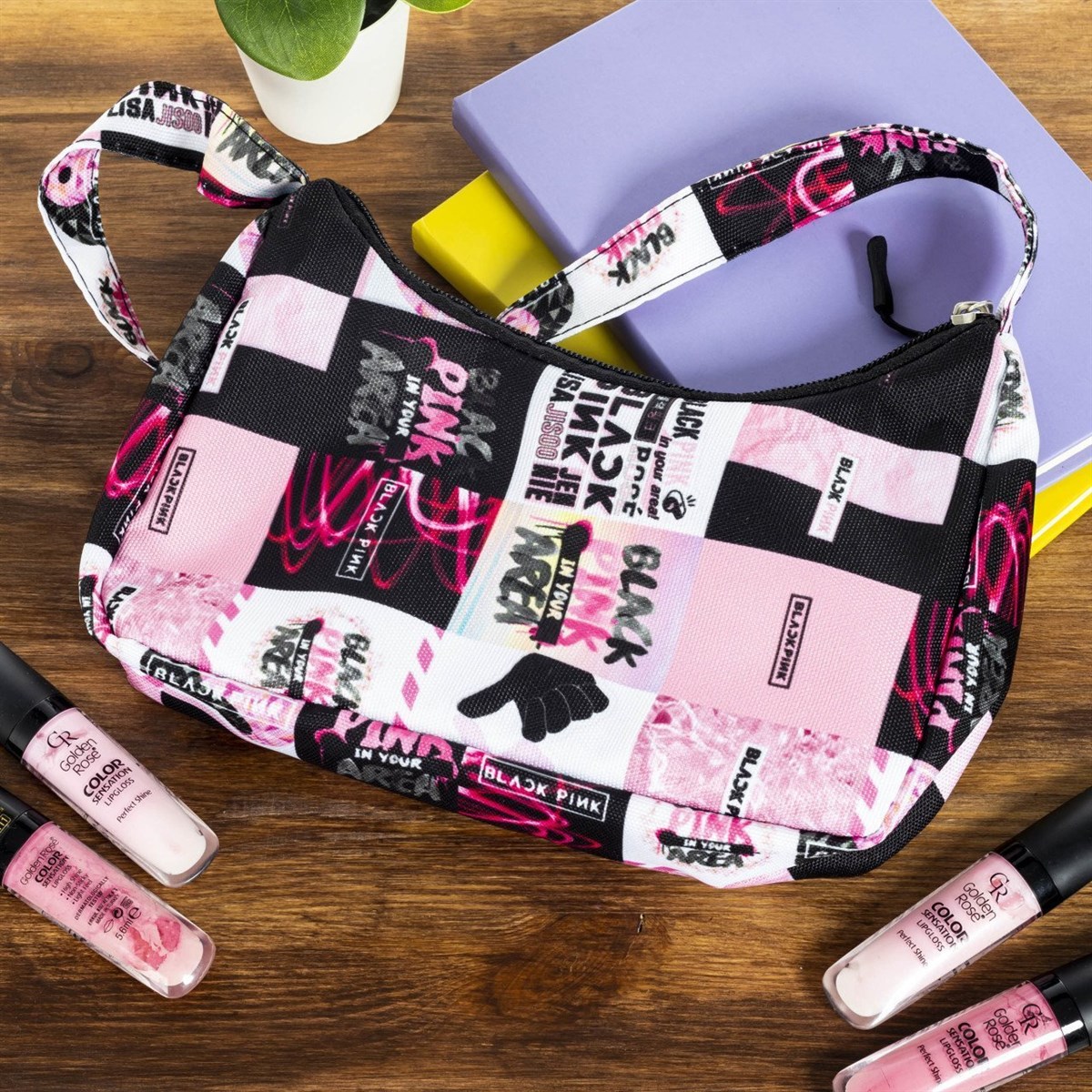 Black Pink Desenli Baget Çanta