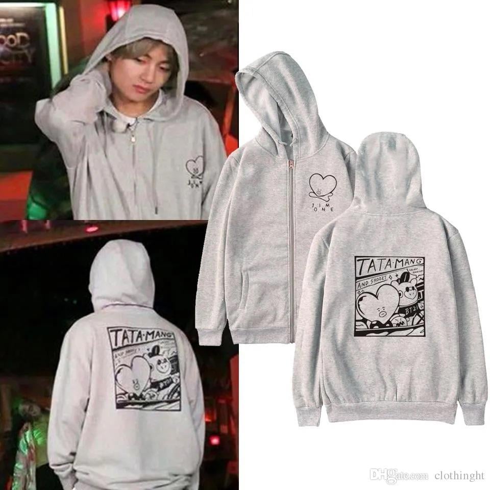 BTS Tata-Mang Baskılı Oversize Fermuarlı Gri Unisex Kapüşonlu Hırka