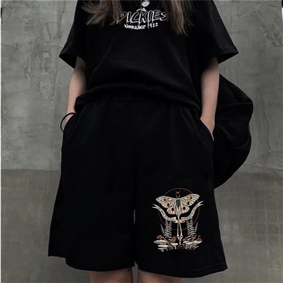 Butterfly & Mushrooms Baskılı Siyah Unisex Penye Şort
