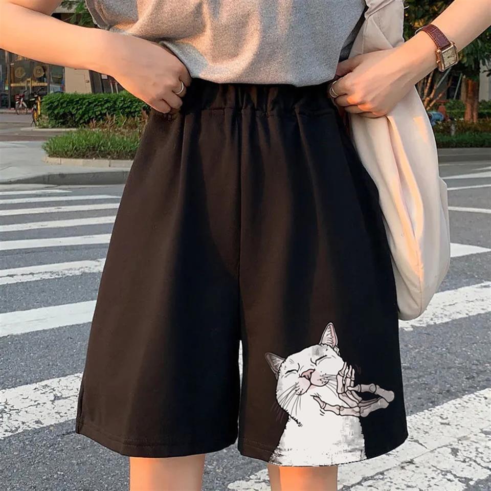 Cat & Skeleton Hand Baskılı Siyah Unisex Penye Şort