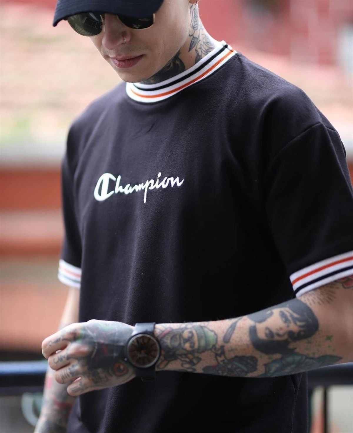 Champion Unisex Nakış İşleme Siyah T-Shirt