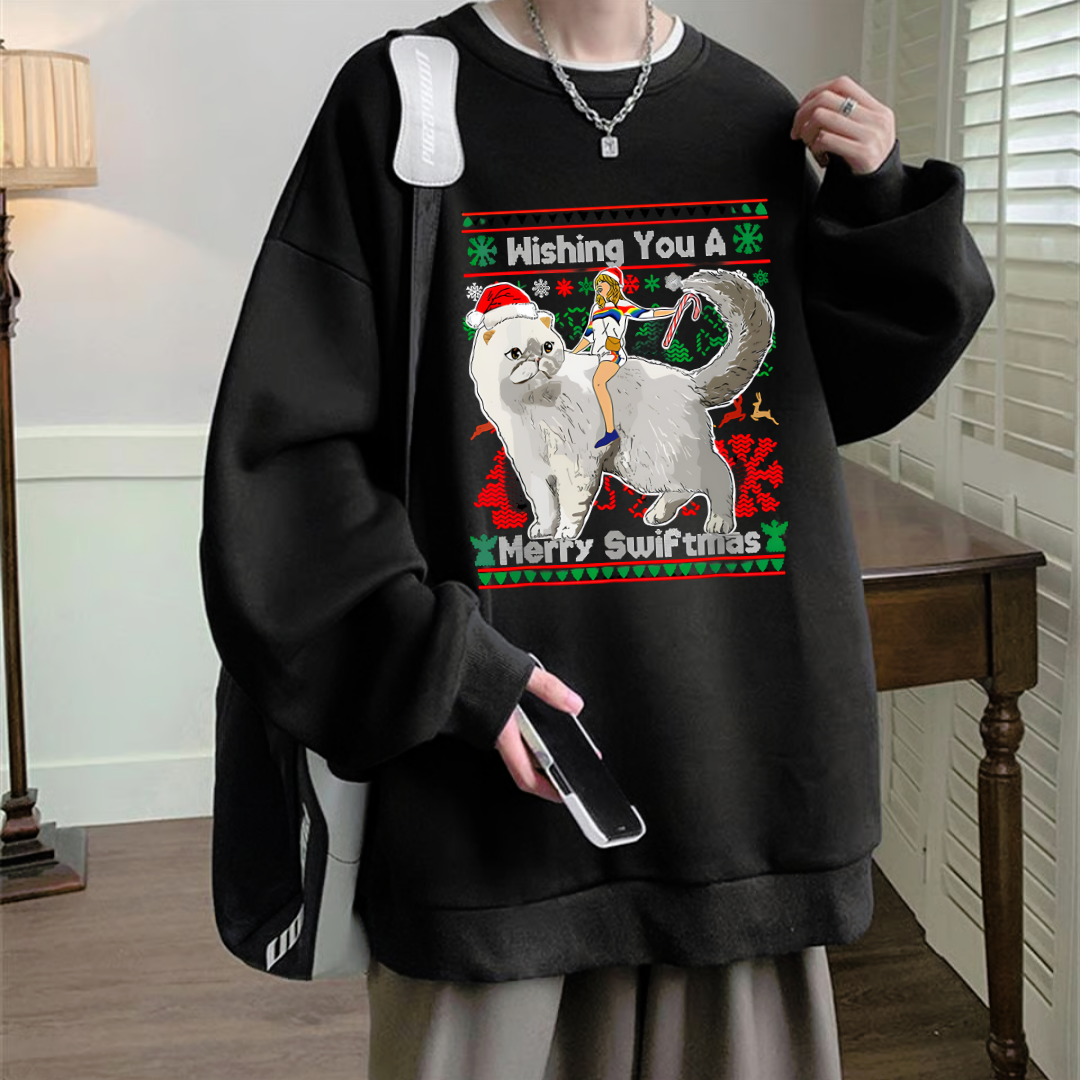 Christmas Noel Baskılı Siyah Unisex Oversize Bisiklet Yaka Sweatshirt