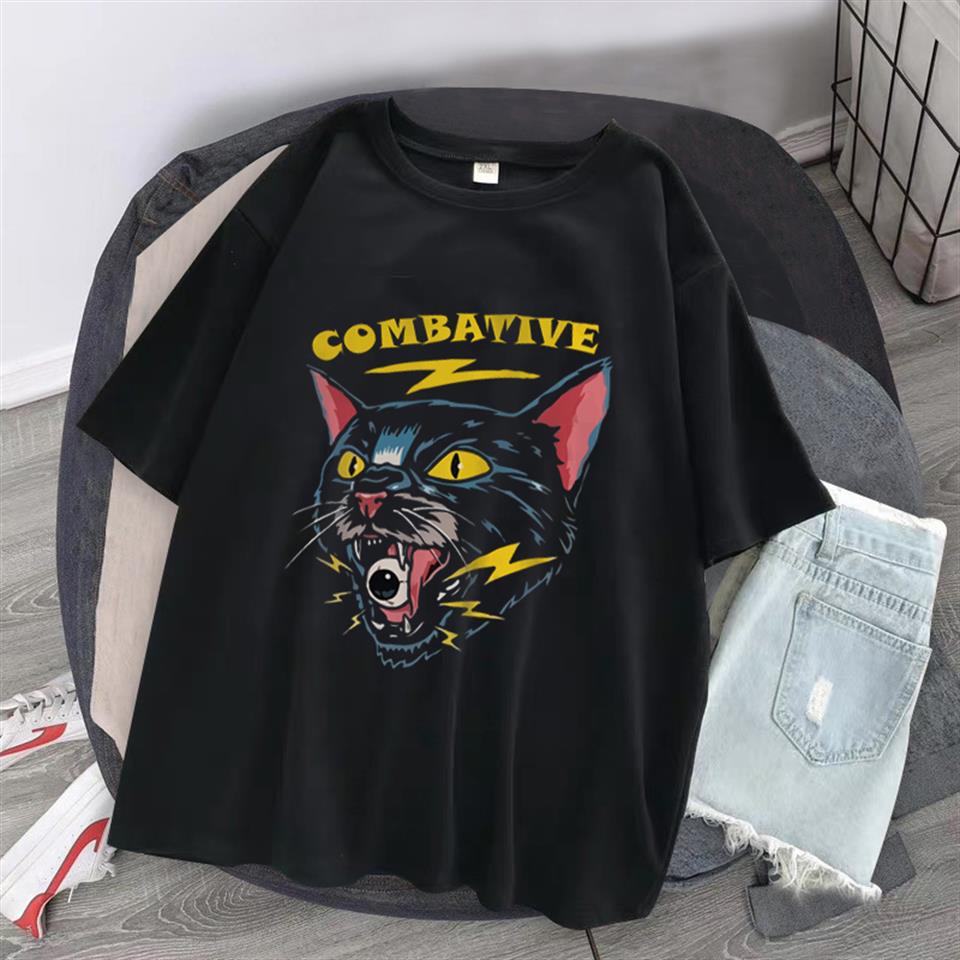 Combative Cat Baskılı Siyah Unisex Oversize T-shirt