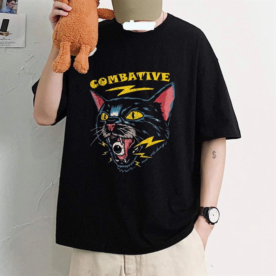Combative Cat Baskılı Siyah Unisex Oversize T-shirt