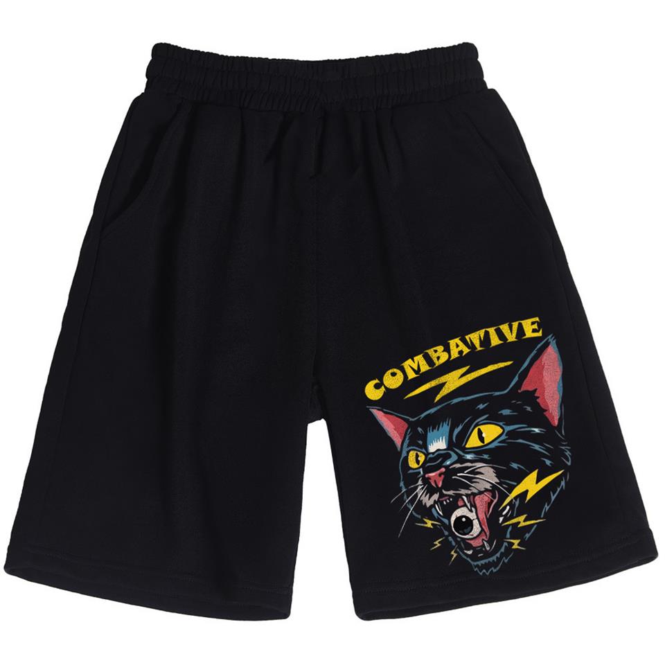 Combative Cat Baskılı Siyah Unisex Penye Şort