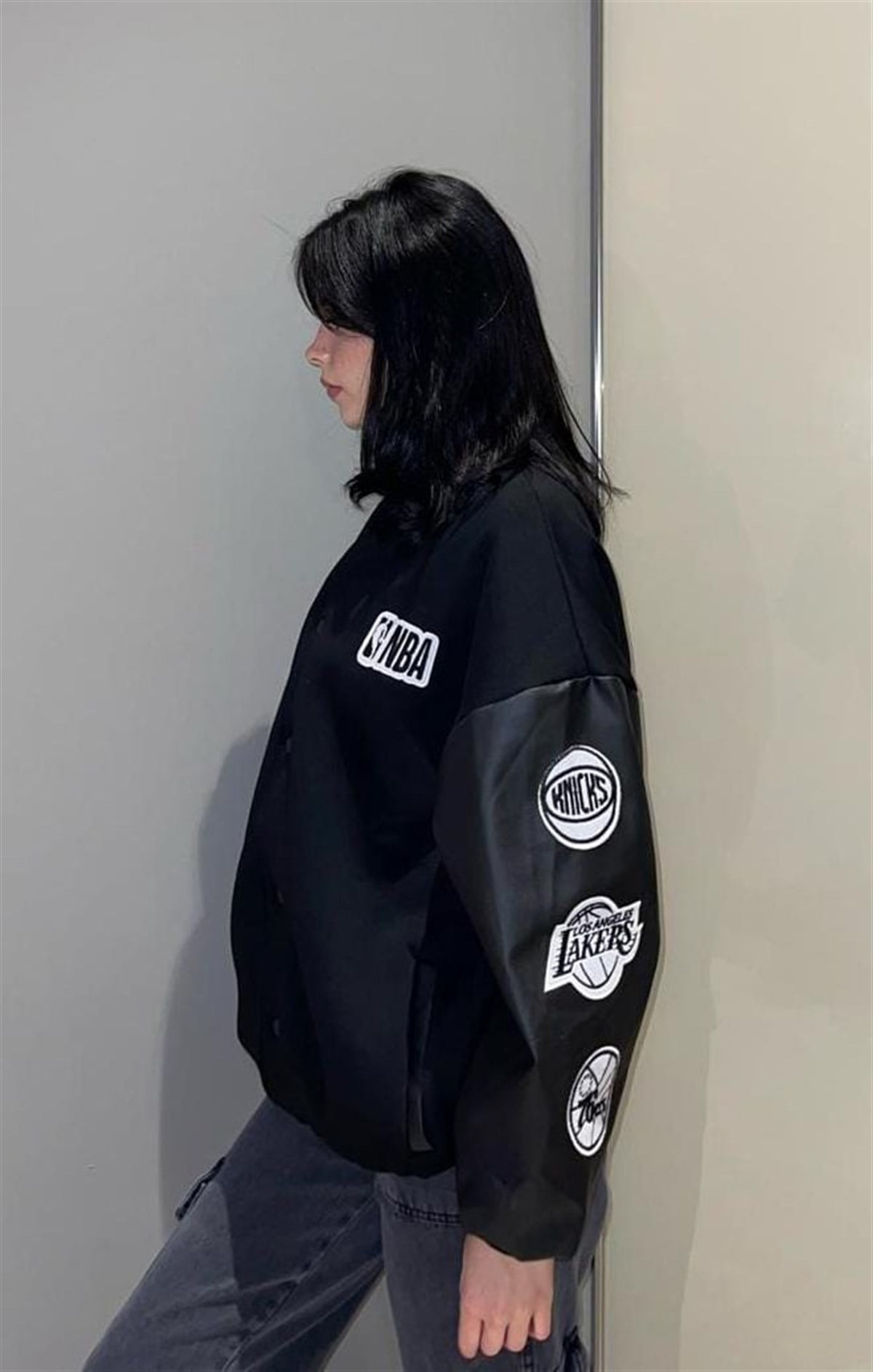 Deri Kol Detay Baskılı Unisex Oversize Kolej Ceket