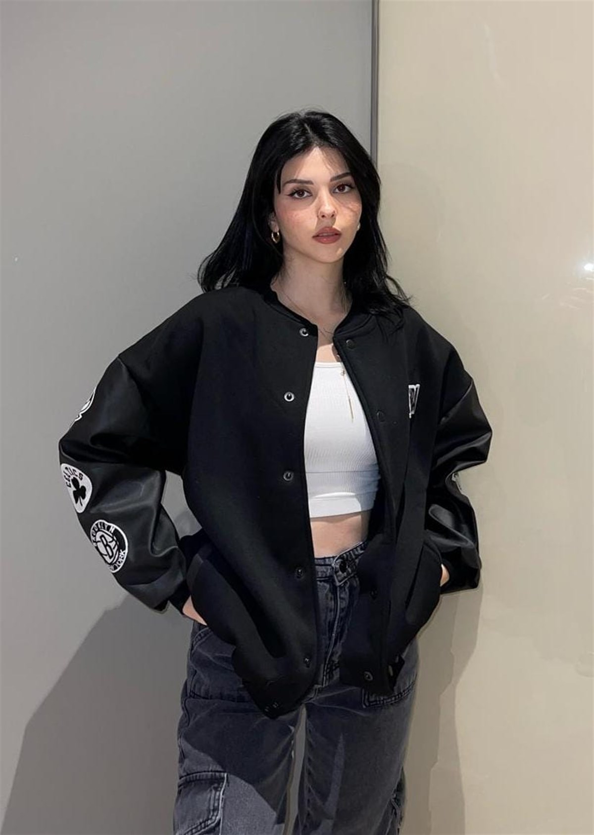 Deri Kol Detay Baskılı Unisex Oversize Kolej Ceket