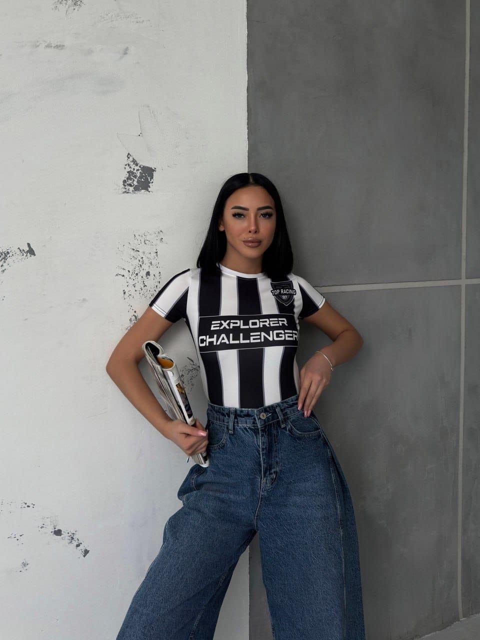 Dijital Baskılı Çizgili Kısa Kollu Crop Bluz