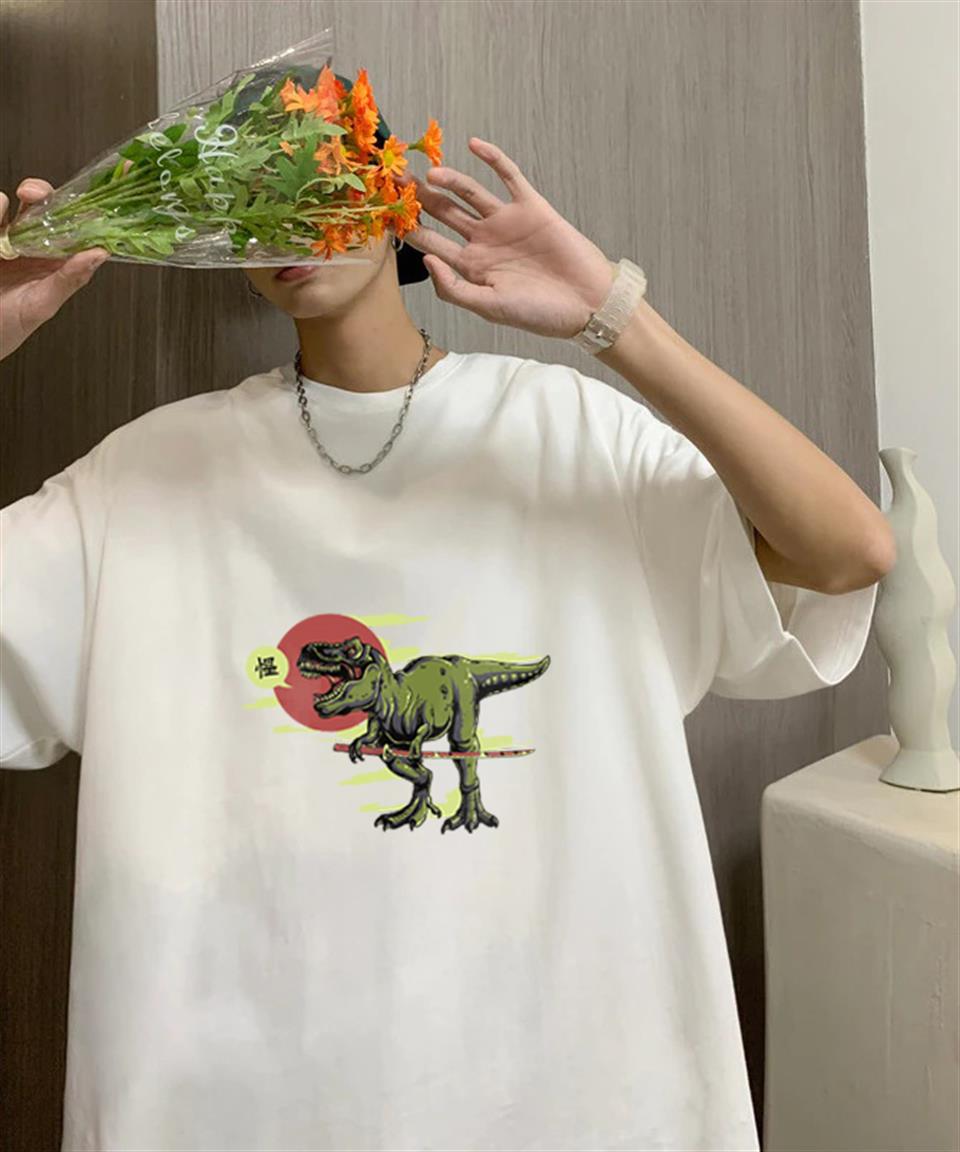 Dinosaur Baskılı Beyaz Unisex Oversize T-shirt