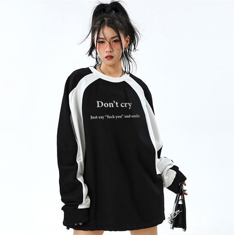 Dont Cry Baskılı Line Detail Unisex Oversize Bisiklet Yaka Siyah Sweatshirt