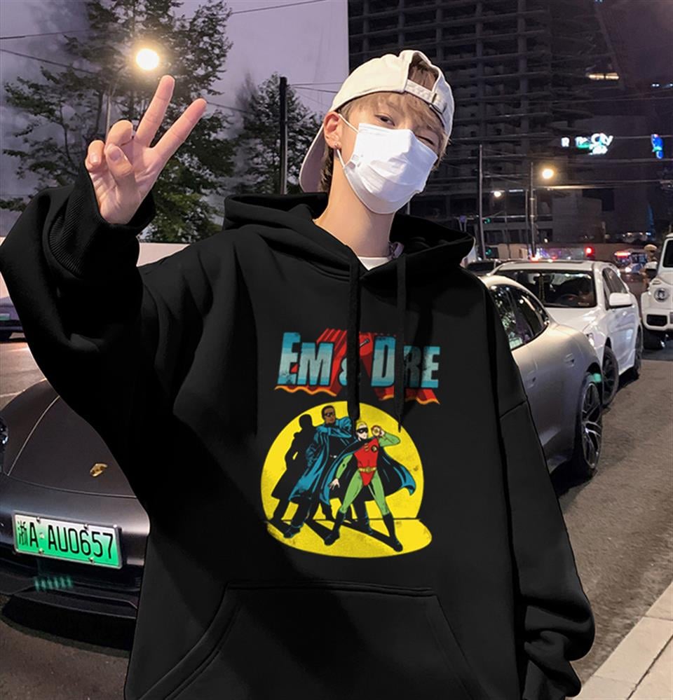 Em & Dre Baskılı Siyah Unisex Oversize Kapüşonlu Sweatshirt