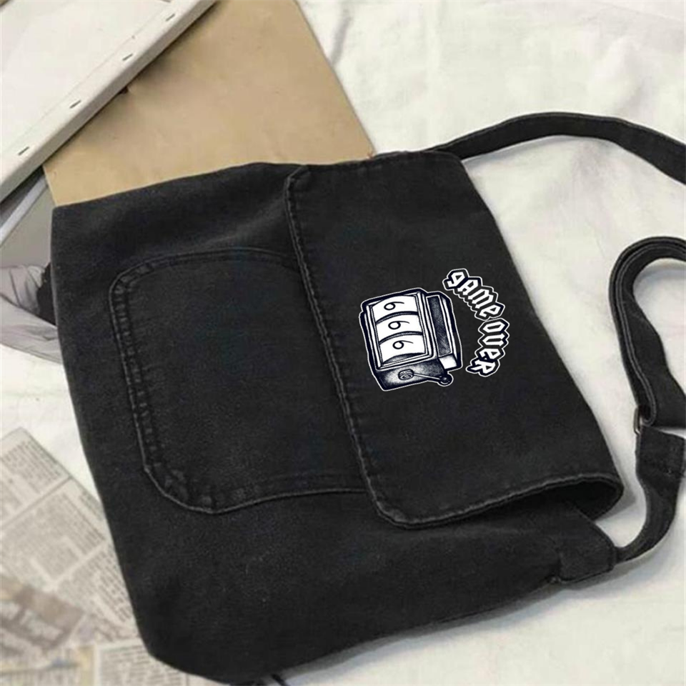 Game Over 666 Baskılı Vintage Unisex Gri Kot Postacı Çantası