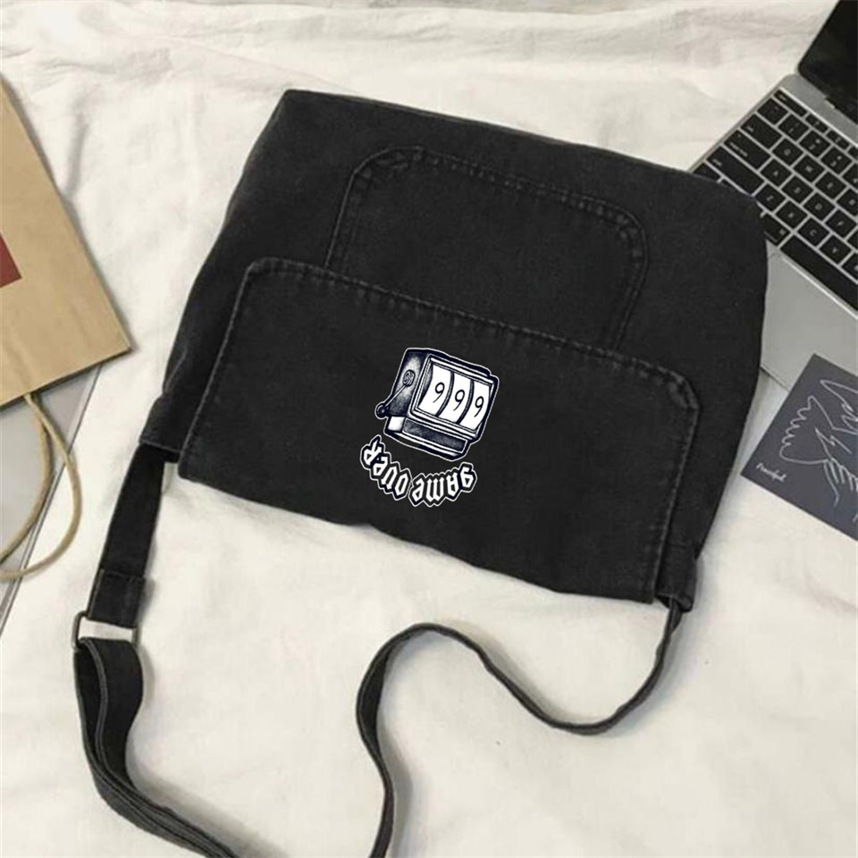 Game Over 666 Baskılı Vintage Unisex Gri Kot Postacı Çantası