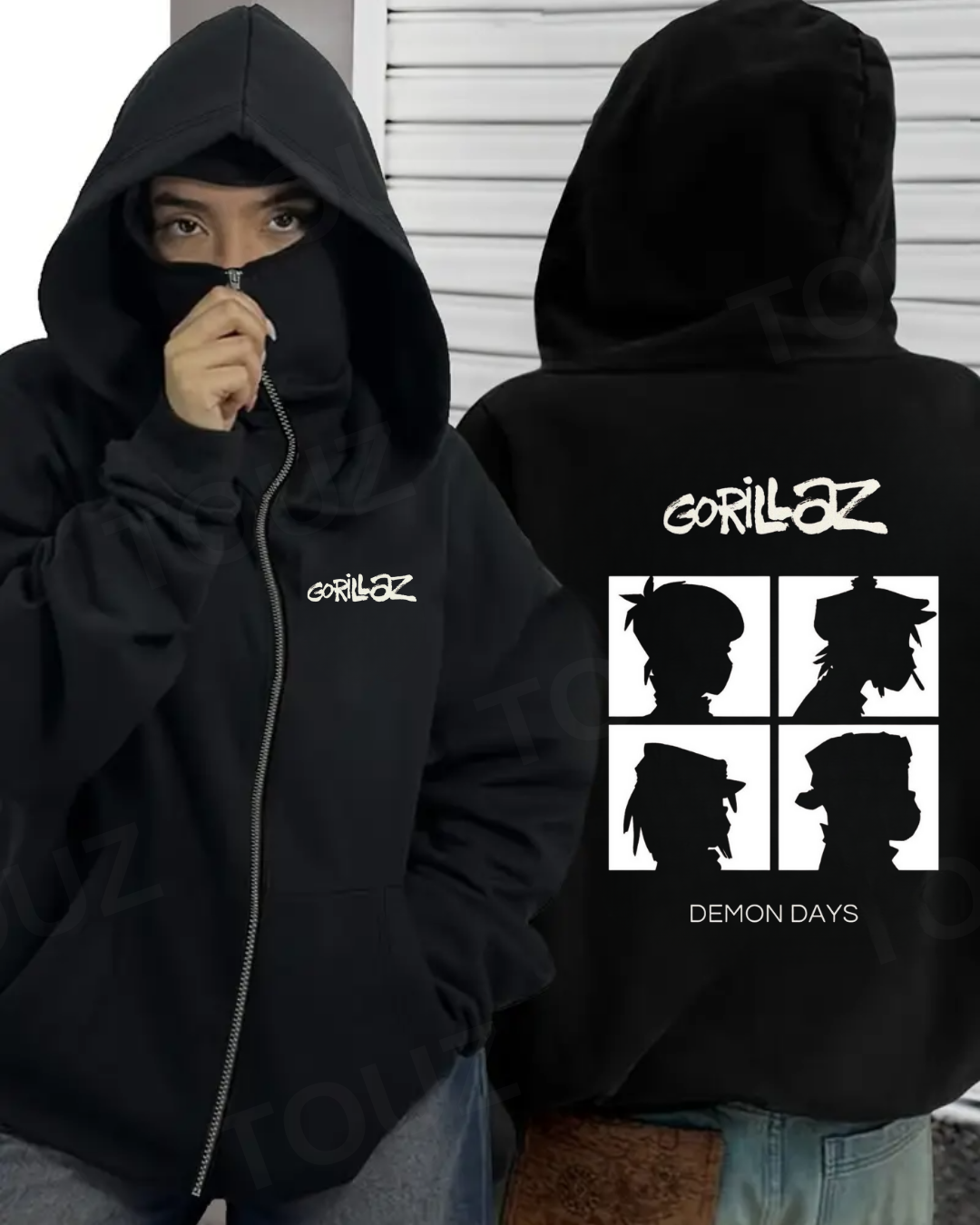Gorillaz Baskılı 3 İplik ( Kalın )  Şardonlu ( İçi Pamuklu )  Unisex Kar Maskeli Kapüşonlu Oversize Ninja Hırka