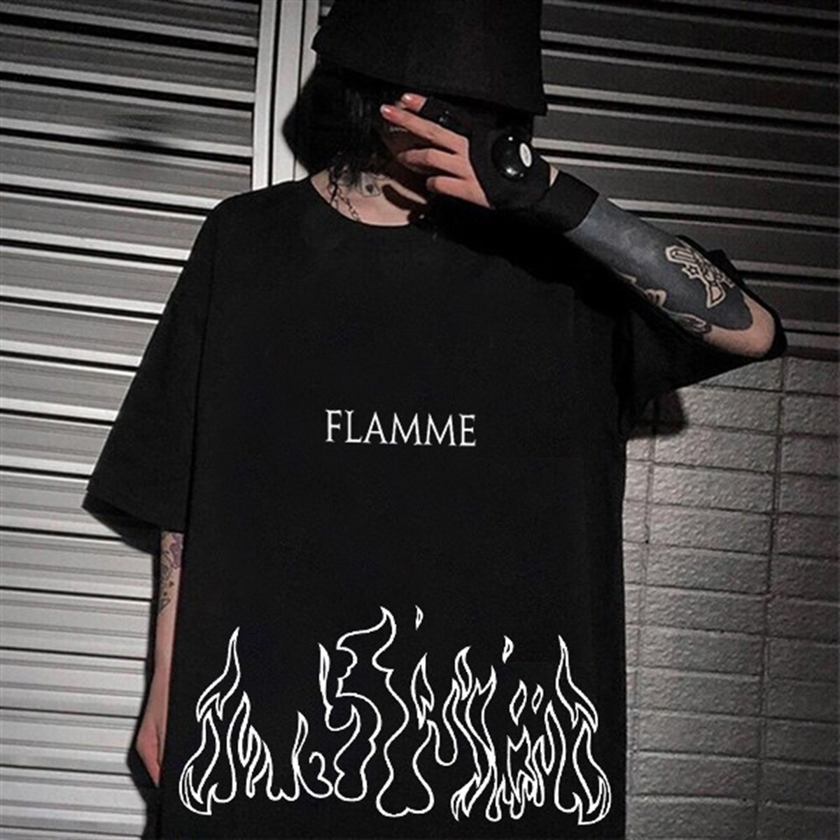 Gothic Oversize Flamme Siyah Unisex T-shirt