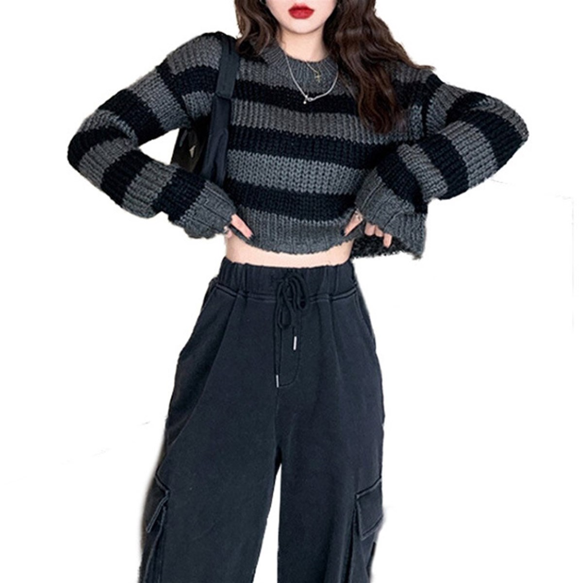 Gri Siyah Çizgili Streetwear Crop Kazak