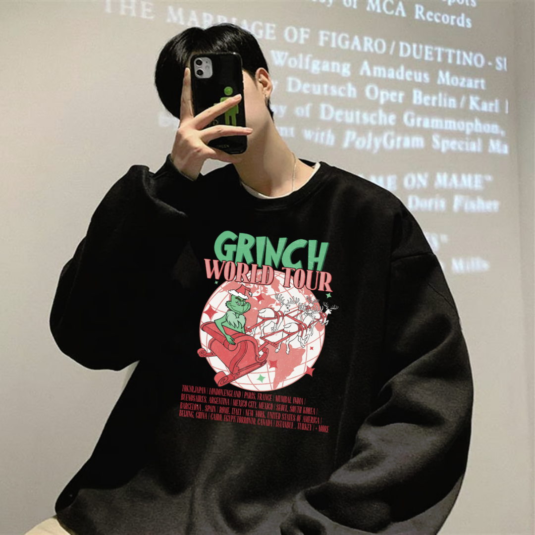 Grinch World Tour Baskılı Siyah Unisex Oversize Bisiklet Yaka Sweatshirt