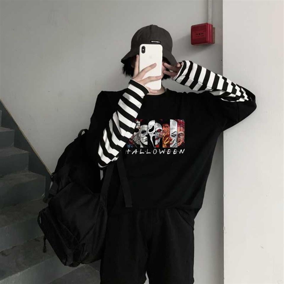 Halloween Bad Characters Baskılı Fake Sleeves Unisex Siyah T-shirt