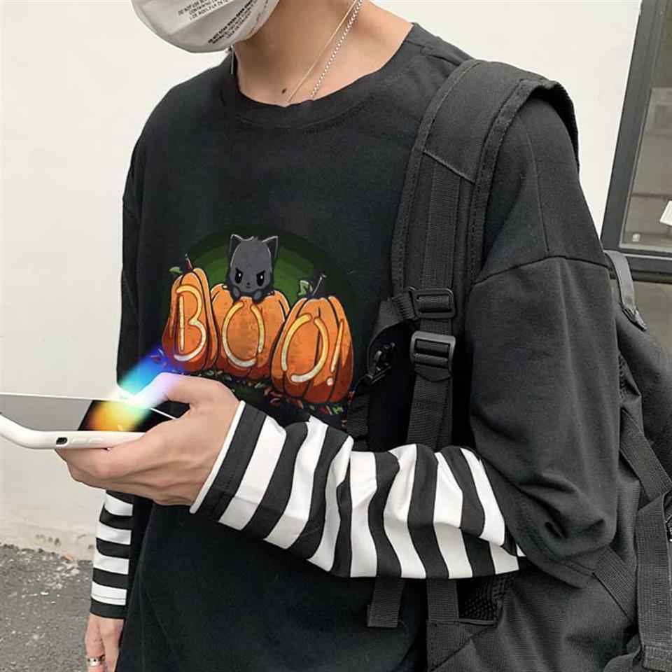 Halloween Boo Cat Baskılı Fake Sleeves Unisex Siyah T-shirt