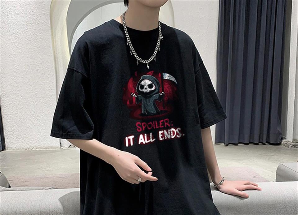 Halloween It All Ends Baskılı Siyah Unisex Oversize T-shirt