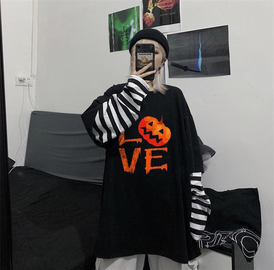 Halloween Love Baskılı Fake Sleeves Unisex Siyah T-shirt