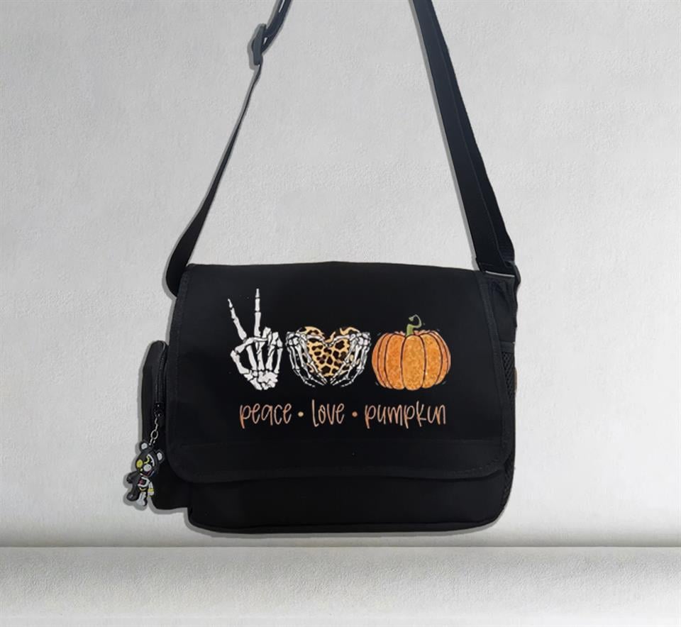 Halloween Peace Love Pumpkin Baskılı Unisex Siyah Postacı Çantası
