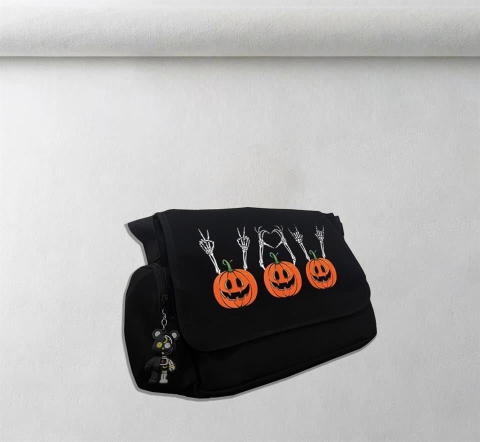 Halloween Triple Pumpkin Baskılı Unisex Siyah Postacı Çantası