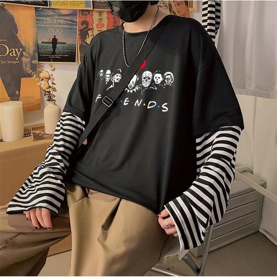 Halloween Witch Friends Baskılı Fake Sleeves Unisex Siyah T-shirt