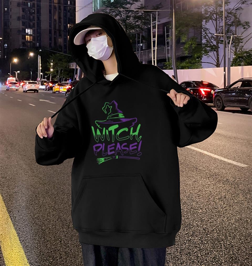 Halloween Witch Please Baskılı Siyah Unisex Oversize Kapüşonlu Sweatshirt