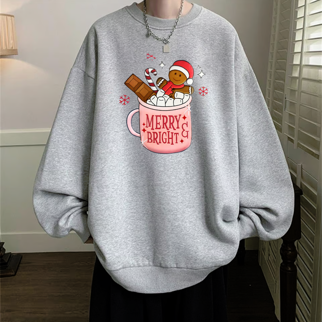 Happy Christmas Baskılı Siyah Unisex Oversize Bisiklet Yaka Sweatshirt