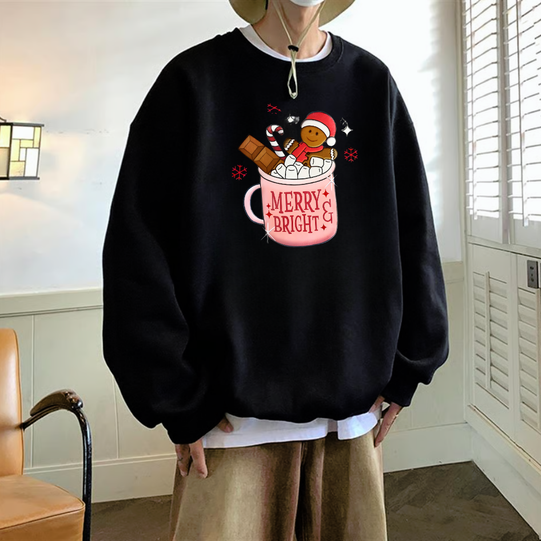 Happy Christmas Baskılı Siyah Unisex Oversize Bisiklet Yaka Sweatshirt