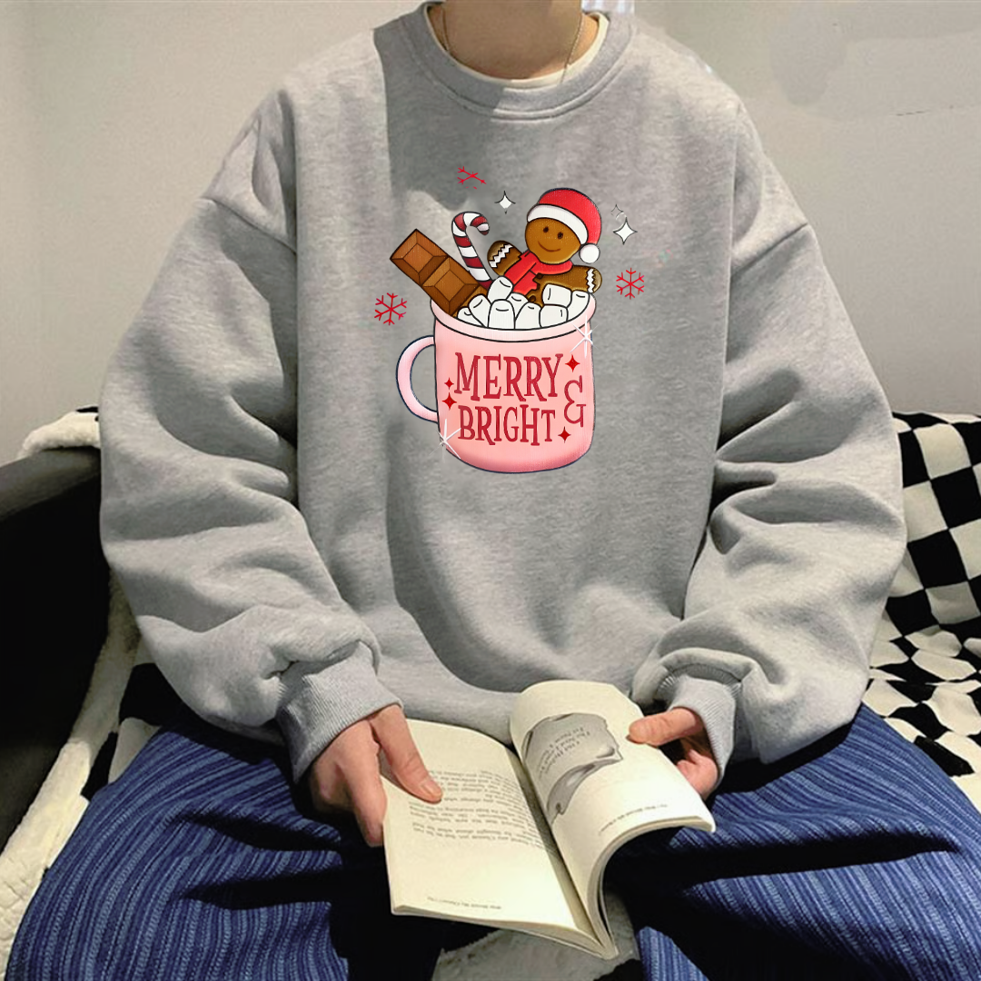 Happy Christmas Baskılı Siyah Unisex Oversize Bisiklet Yaka Sweatshirt