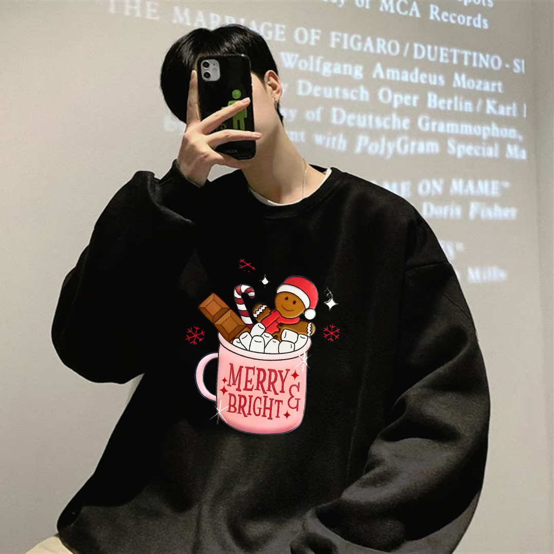 Happy Christmas Baskılı Siyah Unisex Oversize Bisiklet Yaka Sweatshirt