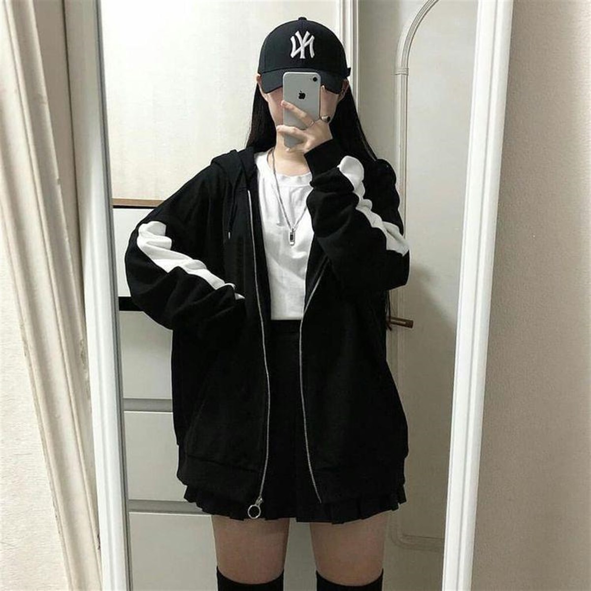 Harajuku Beyaz Şeritli Siyah Fermuarlı Unisex Hırka