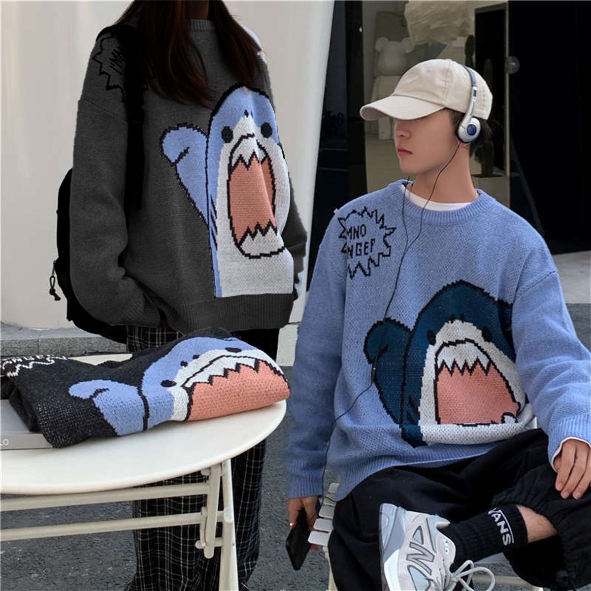 Harajuku Cute Shark - Im Not Danger Antrasit Oversize Kazak