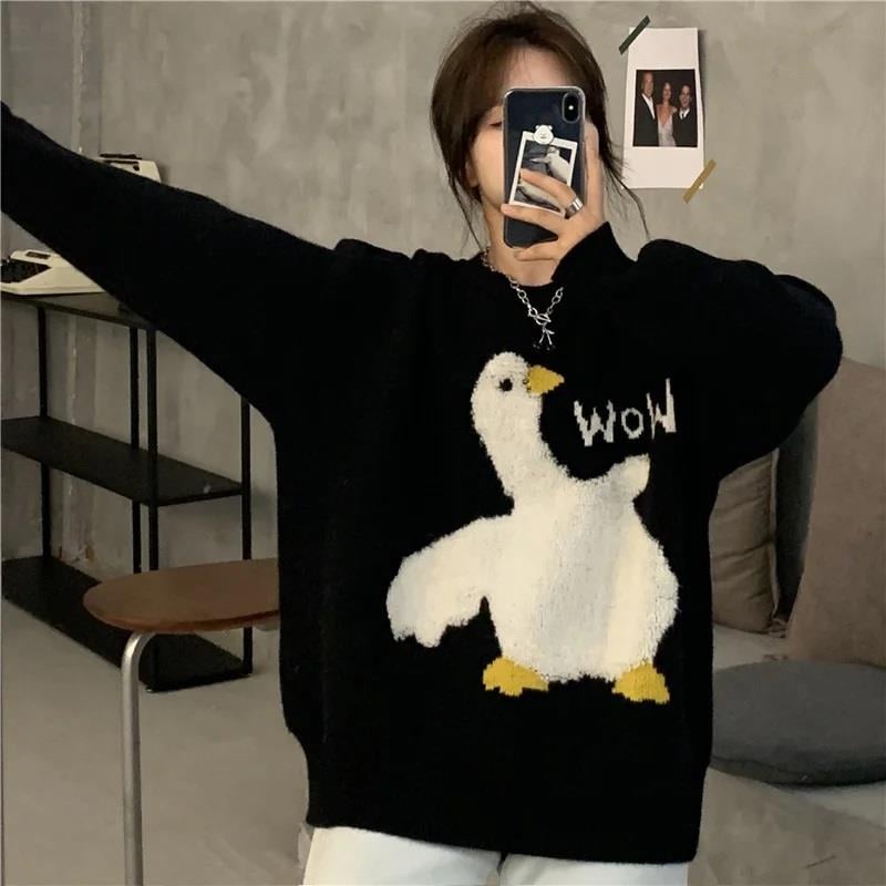 Harajuku Duck Wow Baskılı Oversize Unisex Siyah Kazak