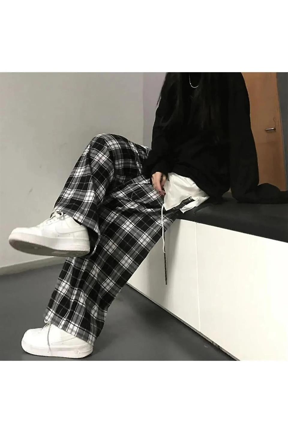 Harajuku Siyah Beyaz Ekose Tracksuit Eşofman Altı