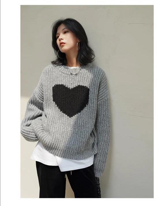 Harajuku Vintage Heart Oversize Unisex Siyah Kazak