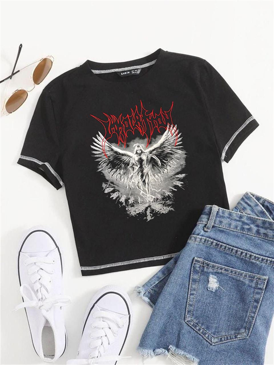 Harajuku Winged Baskılı Ters Dikiş Siyah Crop