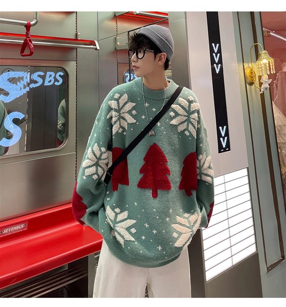Harajuku Yılbaşı Kabartmalı Triko Yeşil  Kazak